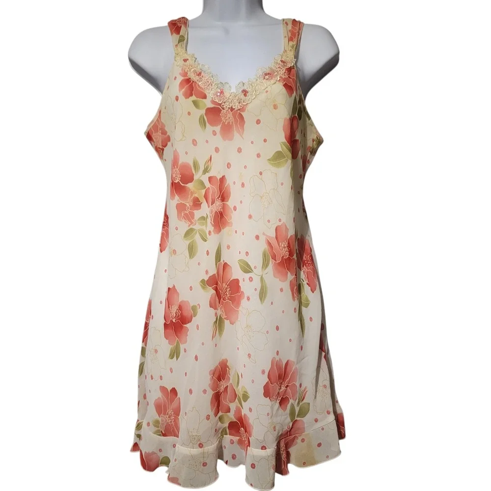 VTG Expressions By California Dynasty Sm Night Slip‎ Cream Pink Roses Lace Trim